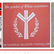 &quot;White supremacy propaganda distributed by the following groups (from left to right): 14First, National Alliance and Hundred Handers.&quot;
