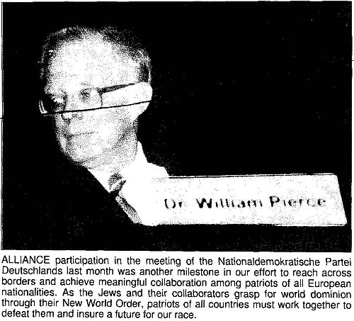 Picture of Dr. Pierce from the National Alliance's 1998 Monthly Bulletin